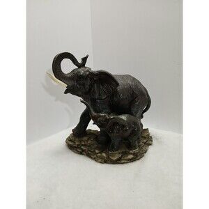 ​Dark Resin Elephant Mother & Calf Statue Figurine 7" Trunk Up Good Luck Decor